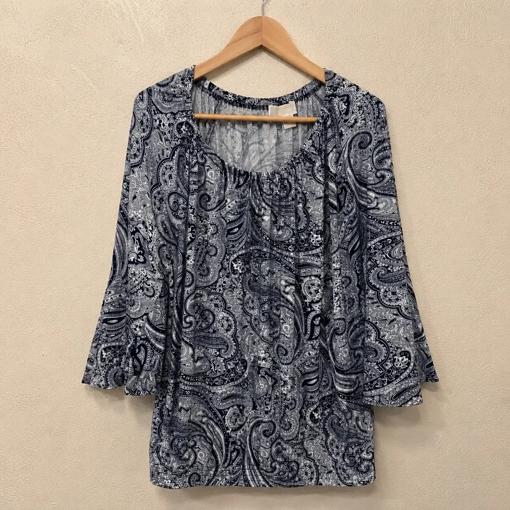 Michael Kors Navy White Paisley Tunic Blouse Top 3/4 Bell Sleeve Peasant M